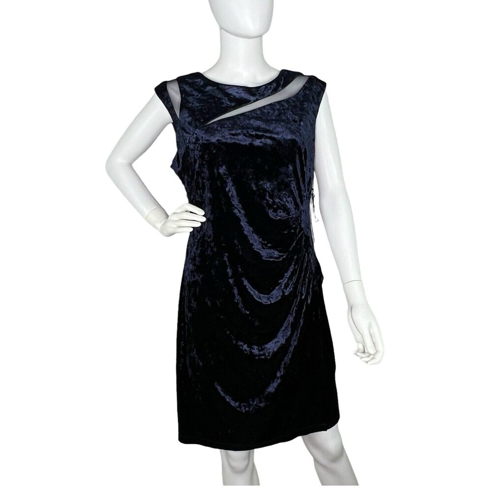 Scarlett Size 14P Petite Navy Blue Velour Sheath Knee Length Dress NEW